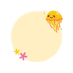 Cute happy cartoon style yellow jellyfish character and sea stars with blank round frame, card template, background. 
