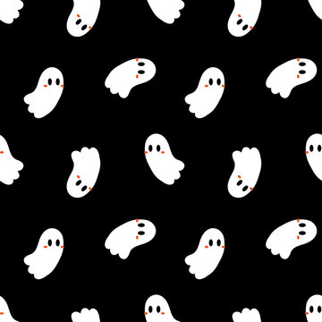Cute cartoon style ghost characters vector seamless pattern background for Halloween design.
