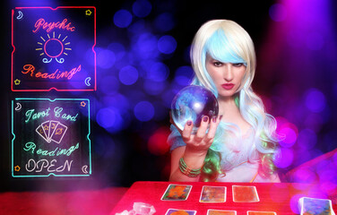 Psychic with Blond hair and Crystal Ball. Neon Lights in background