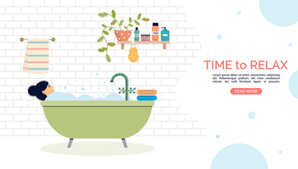 Female character is relaxing in the bathroom. Girl lying in a bathtub with foam. Daily life of a young woman. Hygiene and spa procedure. Landing page or banner. Vector illustration in cartoon style.