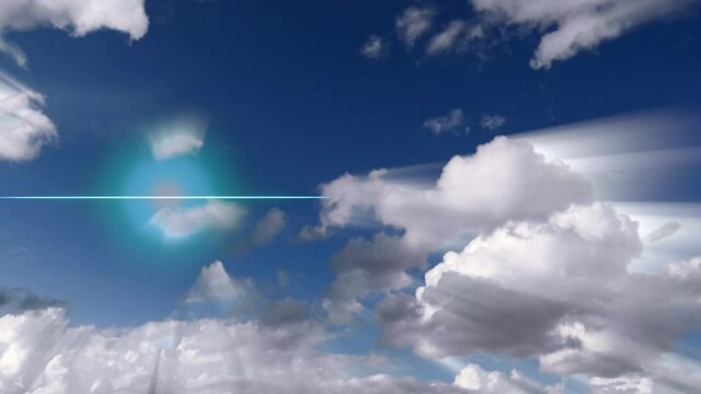 Time lapse shot of flying clouds and colorful glowing ufo moving at sky - Animation of futuristic alien spaceship