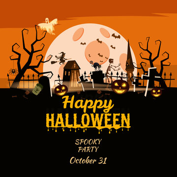 Happy Halloween poster, scary smiles pumpkins, night cemetery, haunted house, ghost, witch, black cat, full Moon. Vector illustration cartoon style banner