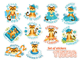 Set of stickers with symbol of the 2022 year. Cute little tiger in different seasons and new year. Colorful design for social media communication, networking, website badges, greeting cards.