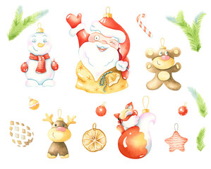 Christmas set. New year traditional symbols collection. Watercolor christmas toys.