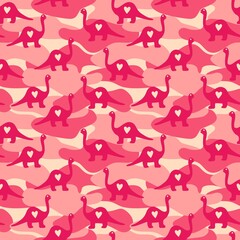 Seamless camouflage pattern with dinosaur silhouette. Pink color. Kids background. Vector backdrop.