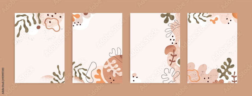Leinwandbilder Modern cards with backgrounds for text and abstract natural shapes. Set of minimal backdrop designs with trendy creative random forms, leaf plants and blots. Contemporary flat vector illustrations