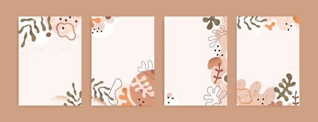 Modern cards with backgrounds for text and abstract natural shapes. Set of minimal backdrop designs with trendy creative random forms, leaf plants and blots. Contemporary flat vector illustrations