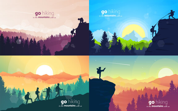 Adventure. Hiking tourism. Travel concept of discovering, exploring, and observing nature. Minimalist graphic flyers. Polygonal flat design for coupons, vouchers, gift cards. Vector illustrations set.