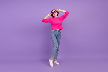 Full body photo of senior woman happy positive smile hand touch glasses isolated over purple color background