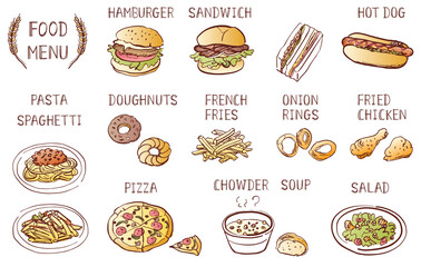 ファストフード　イラスト素材　線画　手描き　カラー