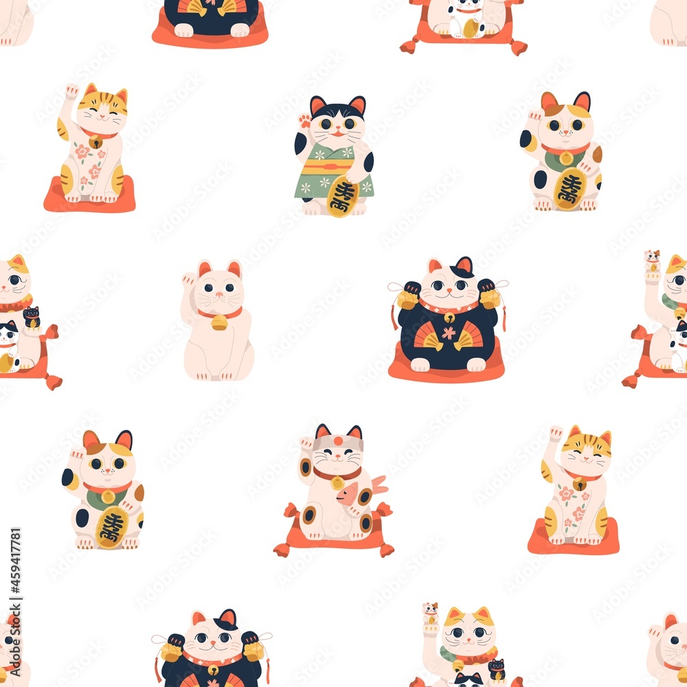 Poster seamless pattern with maneki-neko cats for good luck and fortune. repeating background with japanese