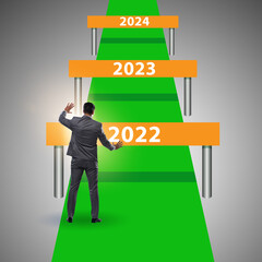 Businessman in front of year barriers