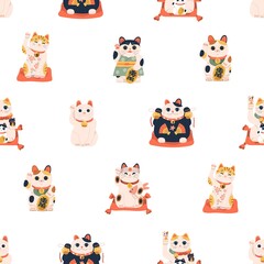 Seamless pattern with maneki-neko cats for good luck and fortune. Repeating background with Japanese lucky dolls. Printable endless texture with Asian figurines. Flat vector illustration for printing