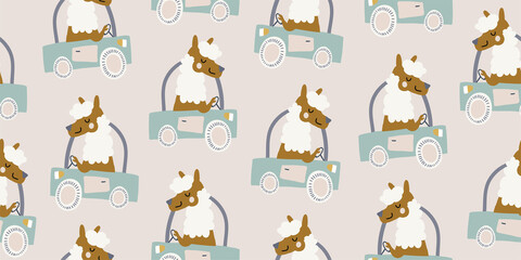 Vector seamless pattern with cute lamas, alpacas driving the truck, vehicle on beige background. Simple and stylish kids pattern, perfect for nursery, textile, print, bedding for boys and girls