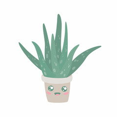 Hand drawn cute aloe vera plant growing in pot. Kawaii aloe in pot. Houseplant flower pot vector illustration.