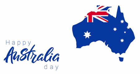 Obraz na płótnie Canvas Happy Australia day banner. Map of Australia with flag. Australia lettering on background of blue Map. Vector illustration