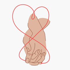 Red thread of fate that connects the hands of lovers. Couple holding hands. Red thread of fate in the shape of a heart. Two hands are connected by a red string of fate.