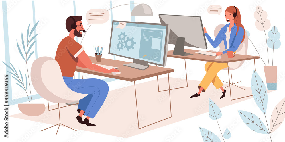 Poster call center concept in flat design. operators in headsets working on computers in office people scen