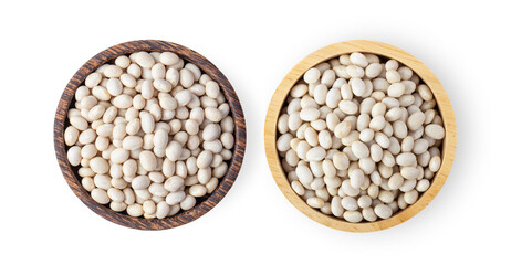 white beans in wood bowl isolated on white background. top view