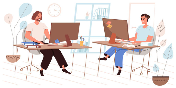 Business office concept in flat design. Employees working at computers sitting at workplaces, coworkers work together, teamwork. Colleagues communicate in office people scene. Vector illustration