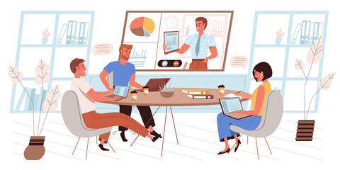 Online conference concept in flat design. Employees at business meeting, discussing work, listening to colleague report on huge screen, communicating via video call people scene. Vector illustration