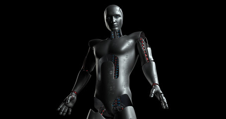 Advanced Powerful Bionic Robot Standing. AI Humanoid. Robotics And Technology 3D Illustration Render.