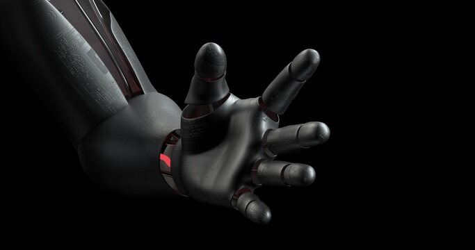 Close Up Bionic Robot Hand. AI Humanoid. Robotics And Technology 3D Illustration Render.