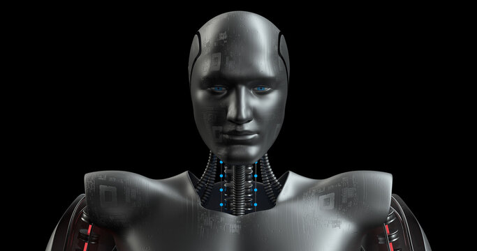 Super Bionic Robot Head. Big Data is Loading. AI Humanoid. Robotics And Technology 3D Illustration Render.