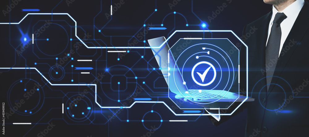 Poster Close up of businessman using laptop with abstract glowing digital business circuit network and tick mark interface on blurry background. Technology, choice and completion concept. Double exposure.