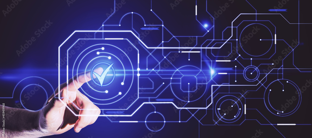 Poster Close up of man hand pointing at abstract glowing digital business circuit network and tick mark interface on blurry background. Technology, choice and completion concept. Double exposure.