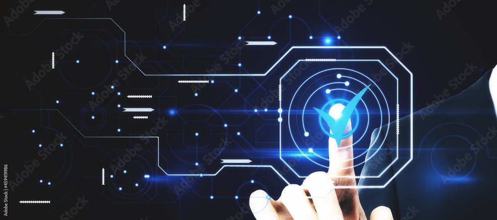 Poster Close up of businessman hand pointing at abstract glowing digital business circuit network and tick mark interface on blurry background. Technology, choice and completion concept. Double exposure.