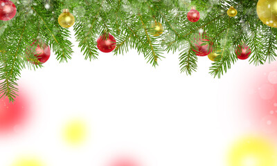 Fir twigs on a white background with blurred Christmas background with red and gold balls on a dark green background. Background with blurred lights and soft focus.