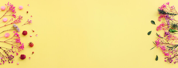 Top view image of pink, purple and green flowers composition over pastel yellow background .Flat lay