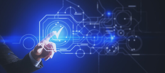 Close up of male hand pointing at abstract glowing digital business circuit network and tick mark interface on blurry background. Technology, choice and completion concept. Double exposure.