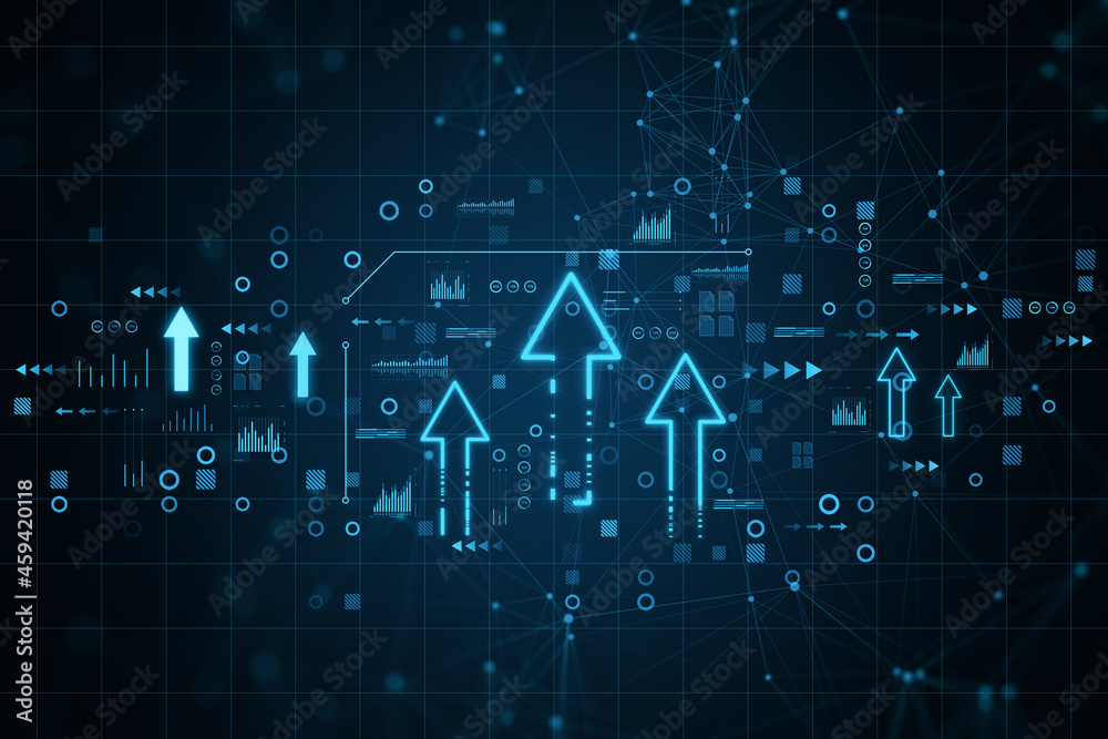 Poster abstract glowing arrows on blurry background. future, business and up concept. 3d rendering.