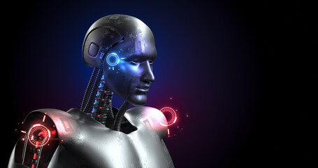 Bionic Robot Analyzing And Checking. AI Humanoid Cyborg. Hud Fx. Robotics And Technology 3D Illustration Render.