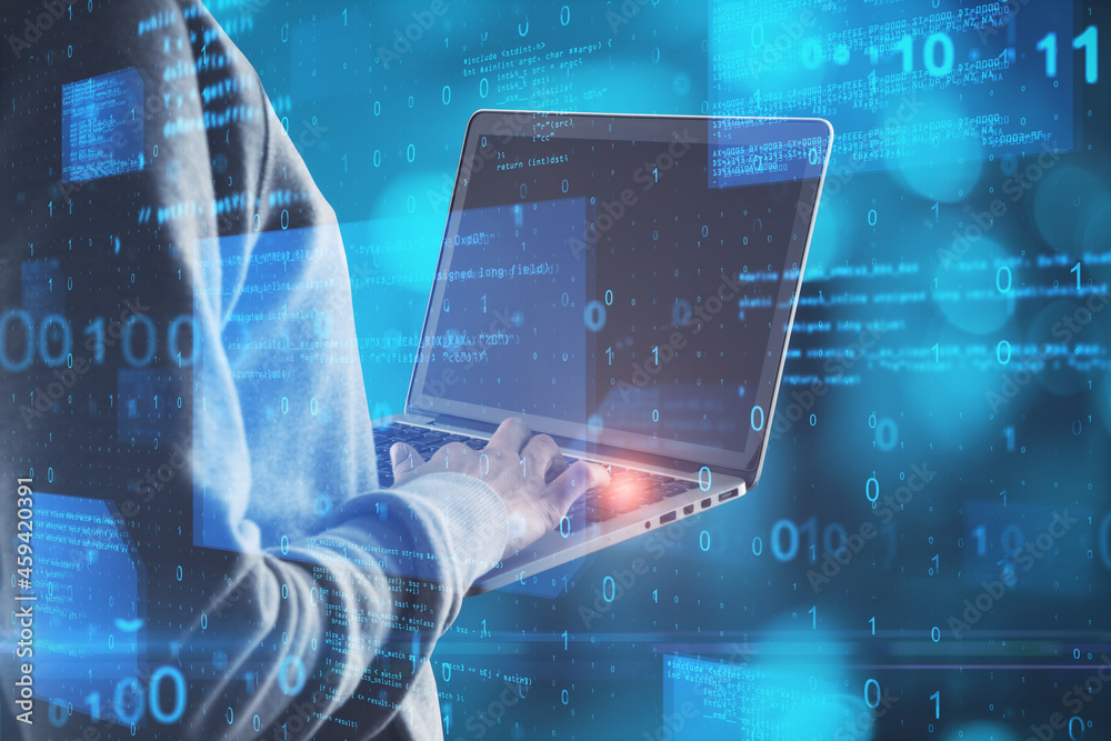 Poster Hacker in hoodie using notebook with abstract glowing blue coding background. Binary code, theft, technology, data and internet concept. Double exposure.