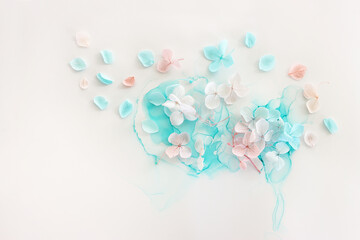 Plakat Creative image of pastel blue and pink Hydrangea flowers on artistic ink background. Top view with copy space