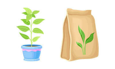 Set of gardening tools. Potted seedling and seeds packaging cartoon vector illustration