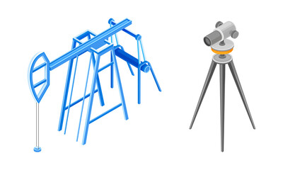 Professional lasers level on tripod and oil pump set vector illustration