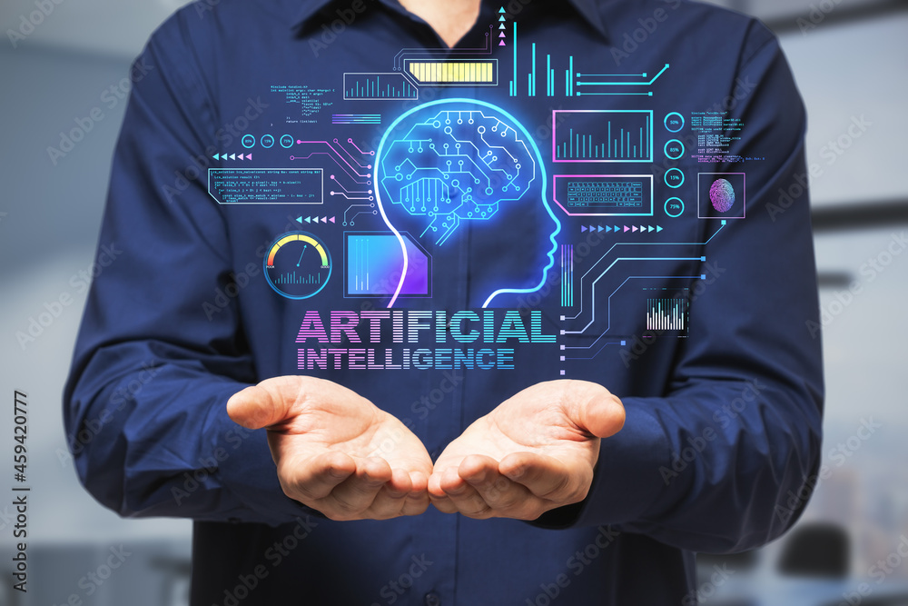 Aufkleber close up of businessman hands holding abstract glowing ai head interface on blurry office room backg