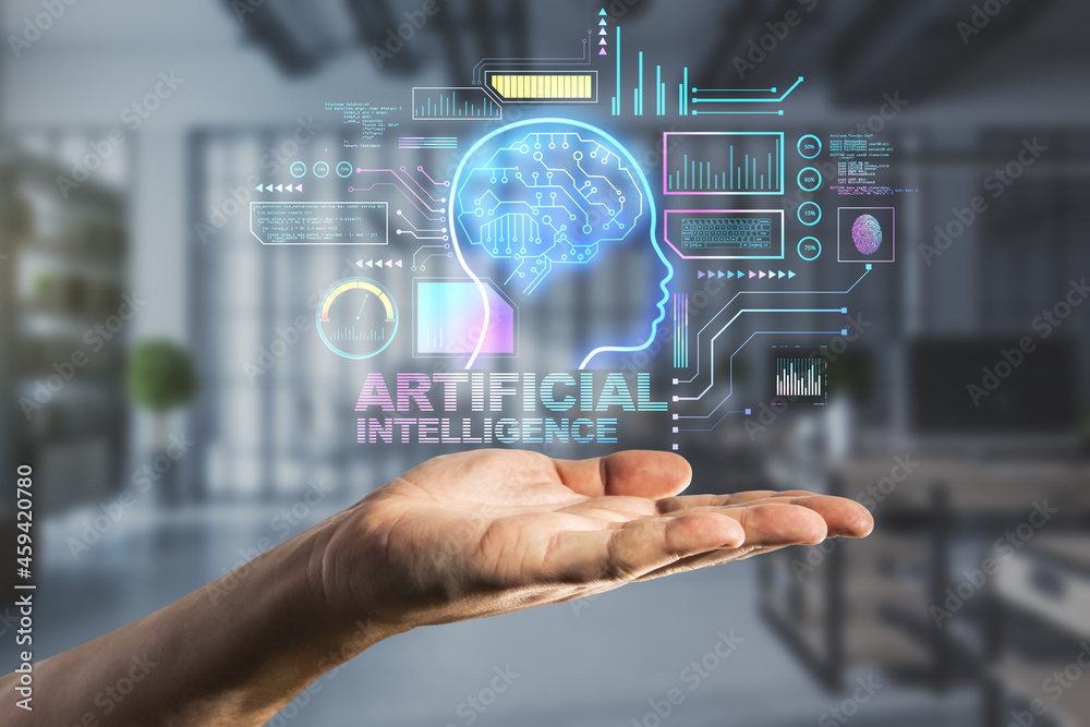 Poster close up of hand holding abstract glowing ai head interface on blurry office room background. artifi