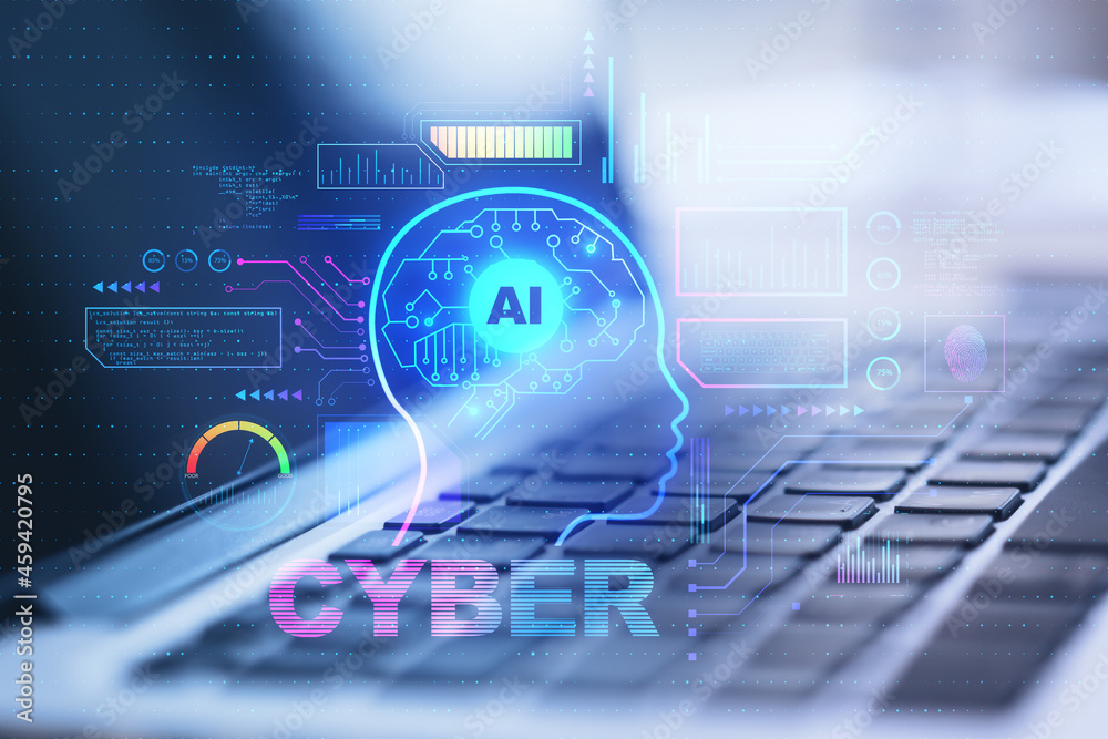 Aufkleber Close up of laptop computer with abstract glowing AI head interface on blurry background. Artificial intelligence and cyberspace concept. Double exposure.