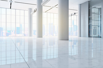 Spacious white concrete hall interior with columns, city view, daylight and reflections on floor. 3D Rendering.