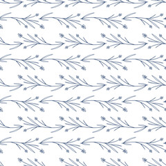 Botanical vector illustration of painted small floral template and outline drawing elements. Rustic vintage blue leaves and hand sketched flowers seamless pattern on white background.