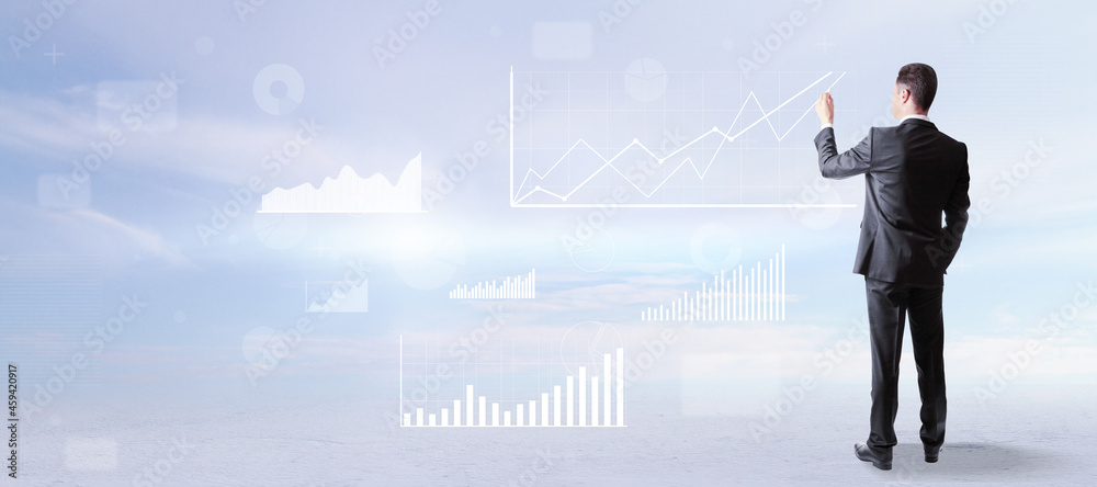 Poster back view of attractive young european businessman in suit standing on abstract blue sky with clouds