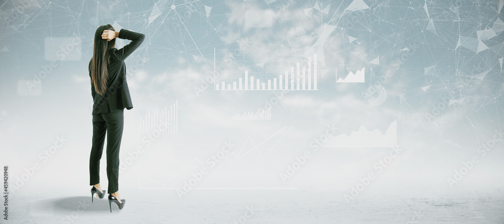 Poster back view of attractive young european woman in suit standing on abstract blue sky with clouds backg