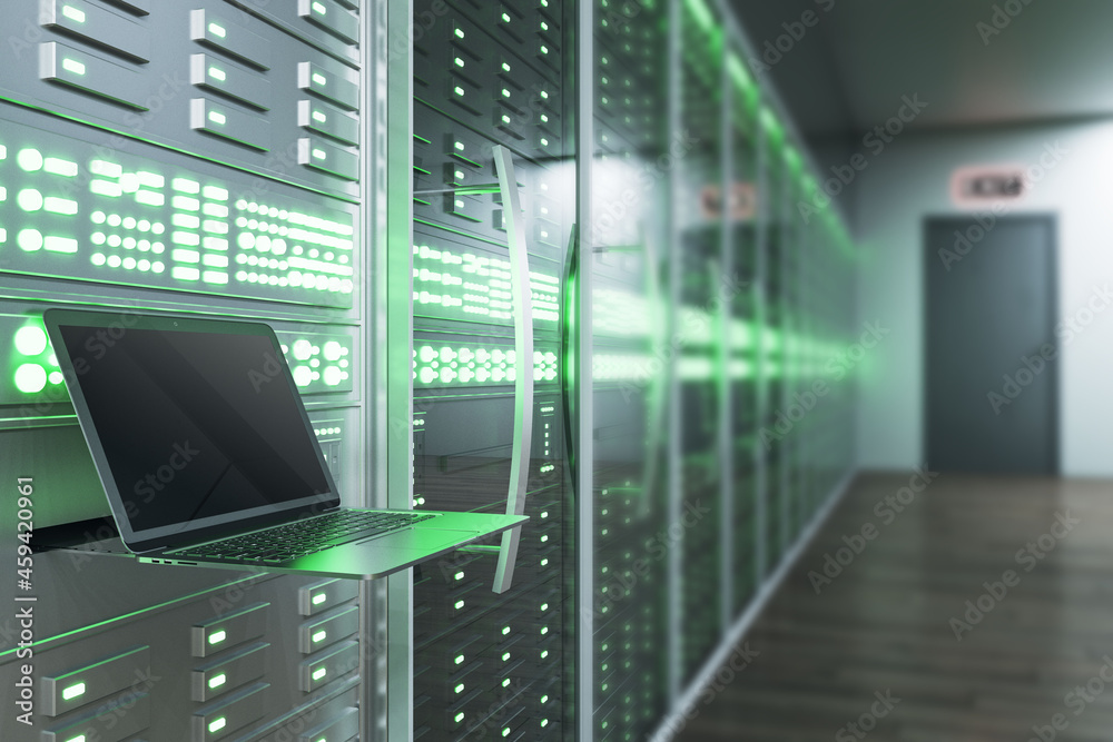 Poster Blank laptop computer in illuminated server room interior. Internet, engineering and data concept. 3D Rendering.