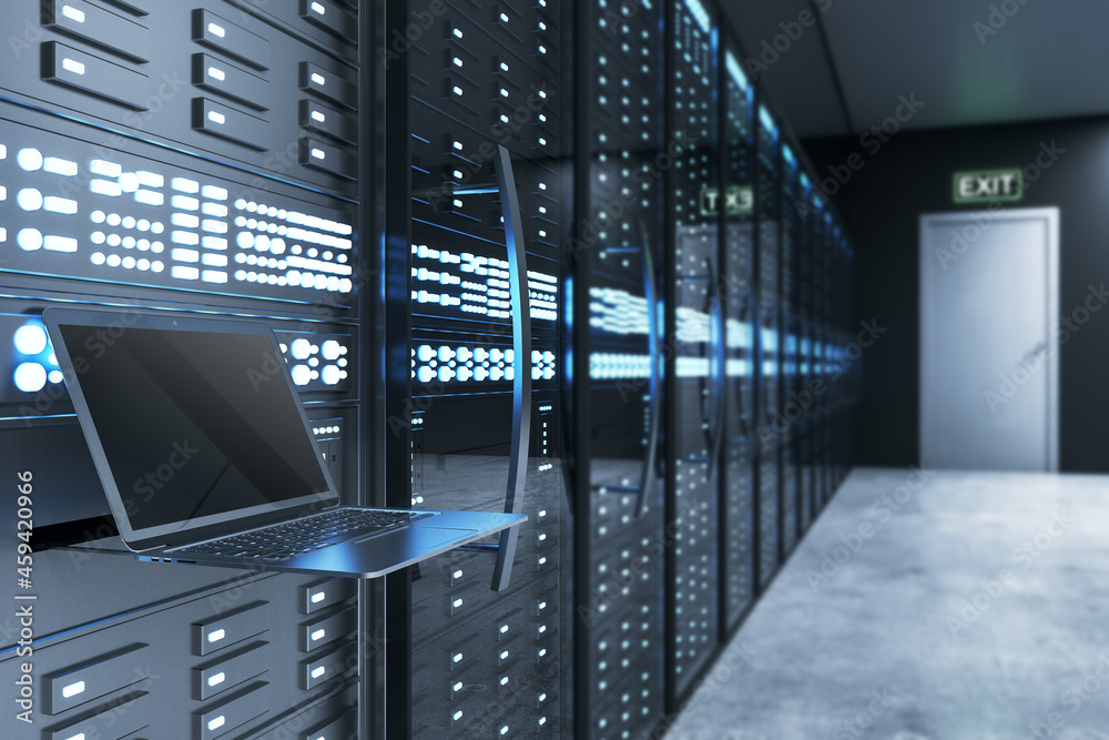 Poster Empty laptop computer in illuminated server room interior. Internet, engineering and data concept. 3D Rendering.