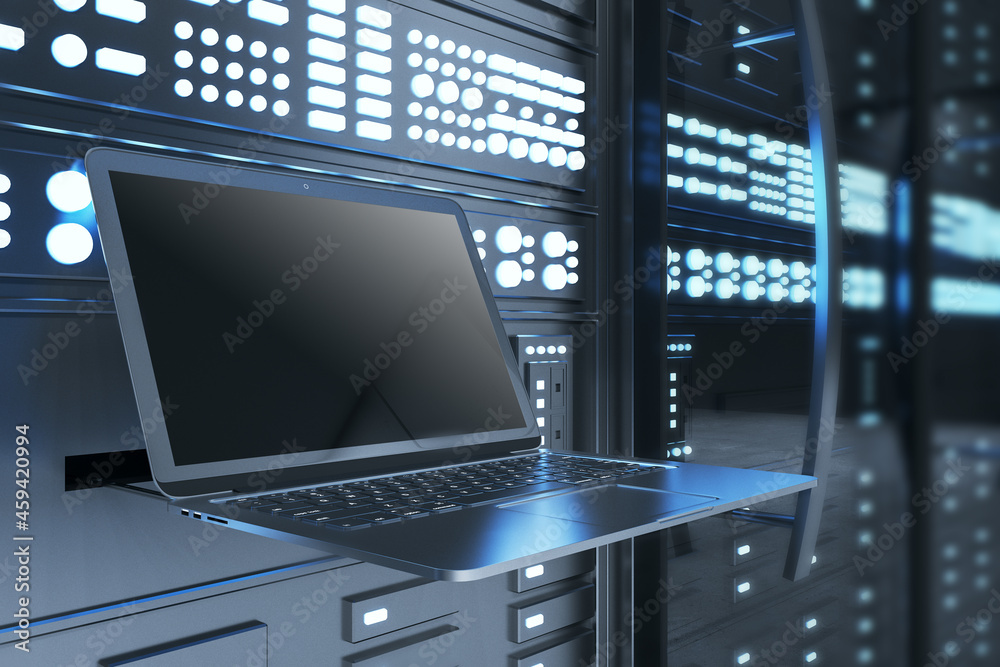 Poster Side view of empty mock up laptop computer in illuminated server room interior. Internet, engineering and data concept. 3D Rendering.